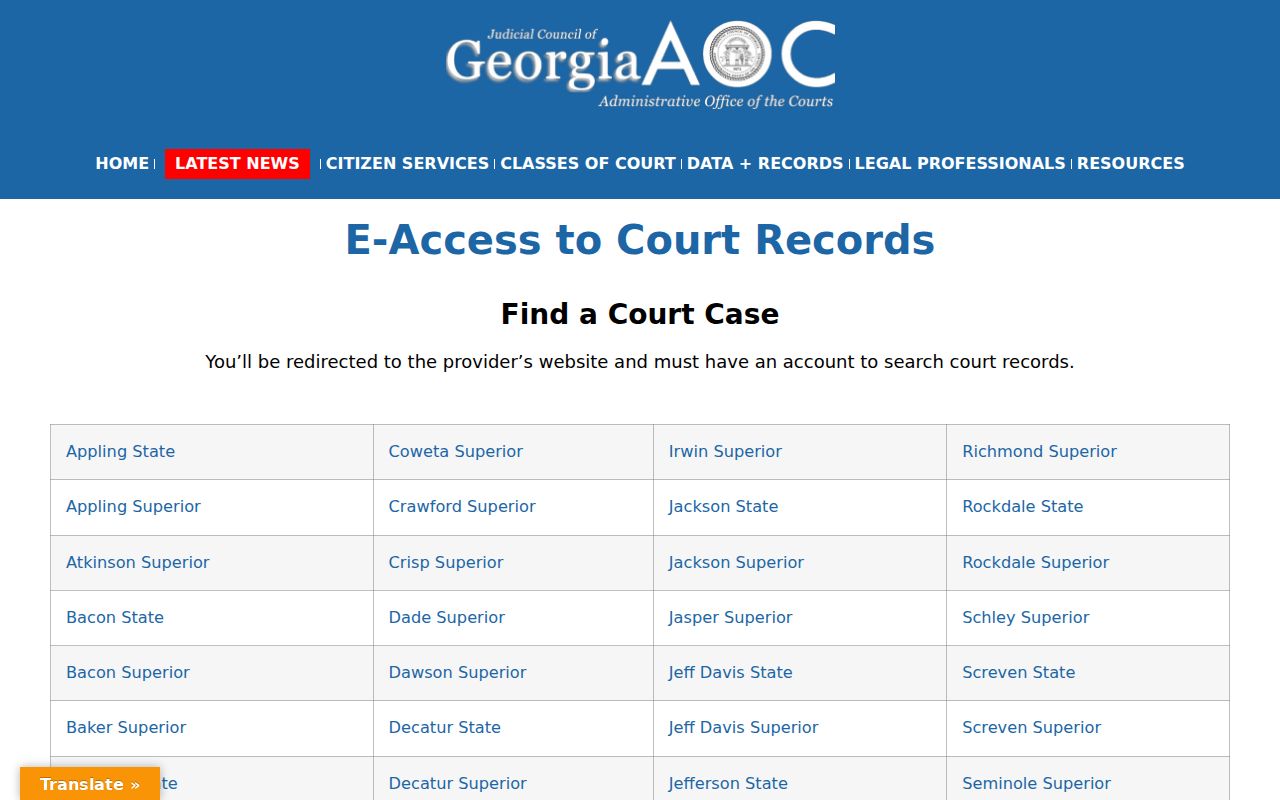 Georgia Courts e-access page showing Oglethorpe court provider and account-based access