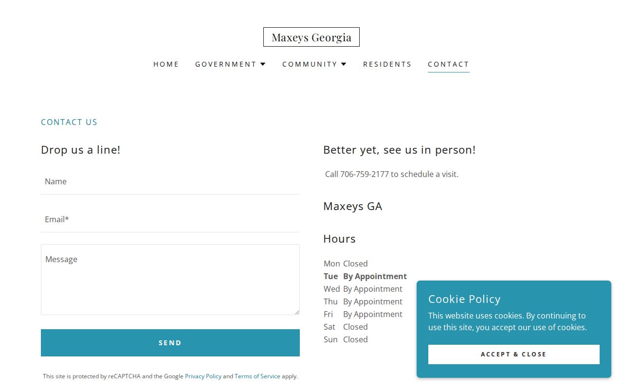 Official Maxeys City Hall contact page showing appointment-based access